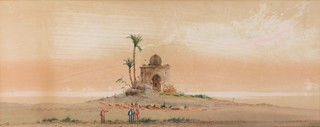 O Lamplough, watercolours, a pair, signed, Egyptian landscape scenes with figures, temples and pyramids 9 1/2" x 23 1/2"  