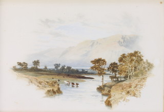 H B Wimbush 1889, watercolour, signed, Scottish landscape with cattle in a stream and distant hills 9 1/2" x 14" 