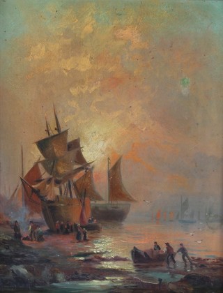 19th Century oils on canvas, a pair, indistinctly signed, moored vessels with figures 9 1/2" x 7" 
