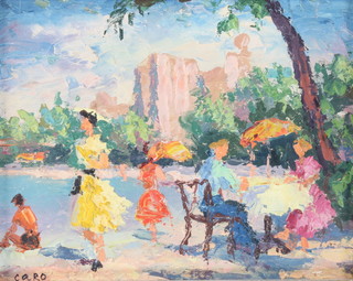 Caro, oil on board, Continental beach scene with figures, signed 7 1/2" x 9 1/2" 