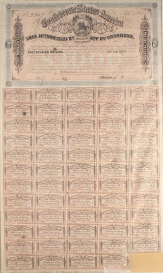 A Confederate States of America 1000 dollar bond no.2247 share certificate 26" x 16" 