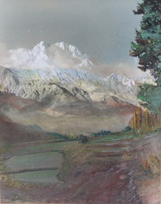 R B Holmes, mixed media, Indian mountainous landscape 11" x 8 1/2" 
