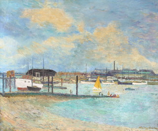 20th Century oil on canvas, indistinctly signed, harbour scene with boats and figures 24" x 29 1/2" 