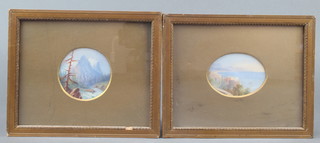 Edwardian oils, unsigned, Continental coastal study with boats, oval 2 1/2" x 3 1/2" and a mountain scene with stream, circular 3" 