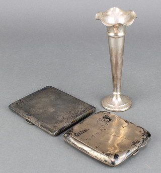 A silver cigarette case Birmingham 1935, 1 other and a silver tapered posy vase, weighable silver 224 grams 
