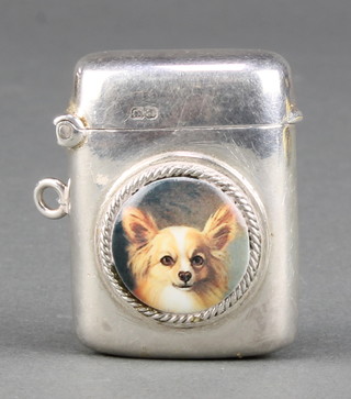 A silver vesta with porcelain panel of a chihuahua chester 1918 