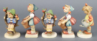 A pair of Hummel  figures - Apple Tree Boy 142.3/0 4", 2 girls with baskets 73 4" and a girl with watering can 74 4 1/2" 