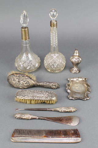 An Edwardian shaped silver pin tray Birmingham 1905 4 1/4", 2 mounted toilet bottles and minor items