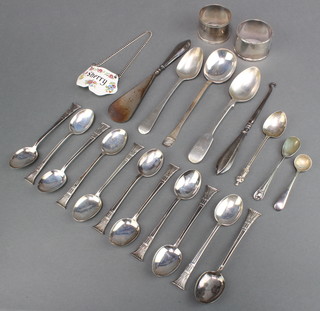 A silver spoon London 1922, minor spoons and 2 napkin rings, 260 grams