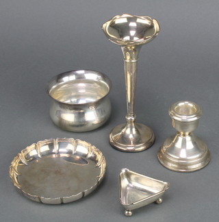 A silver dish London 1948, a bowl, dish, candlestick and posy vase, weighable silver 166 grams 