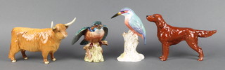 A Beswick figure of a Kingfisher 2371 5", a Royal Worcester figure of a Kingfisher 266 7", a Beswick figure CH.Sugar of Wendover 6" together with a long horned bull 5" 