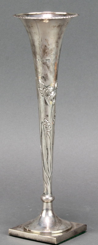 An Edwardian silver tapered posy vase decorated with bull rushes and irises Chester 1901, 9 1/2" 