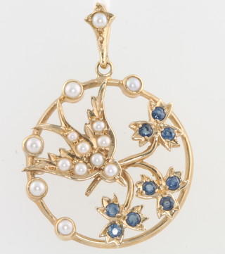 A 9ct yellow gold seed pearl and sapphire open pendant, 5 grams