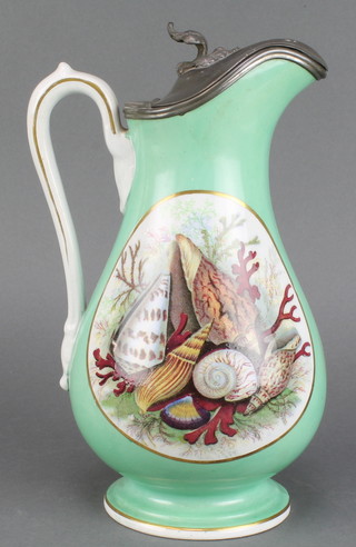 A Prattware jug decorated with shells and having a pewter lid 10" 