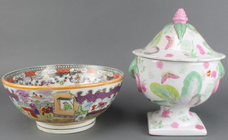 A Victorian transfer print chinoiserie style bowl 10 1/2" together with a 2 handled vase and cover decorated in the Chinese style 8" 