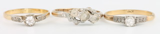 A 9ct yellow gold diamond ring size O, an 18ct yellow gold diamond ring size O and a yellow gold diamond ring size M 1/2 