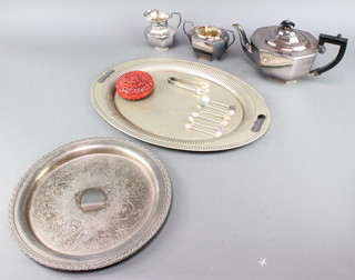 An octagonal 3 piece plated tea set, an oval silver plated twin handled tea tray 18" and minor items
