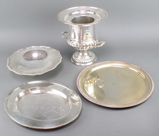 A silver plated 2 handled champagne cooler, a dish and 2 salvers 