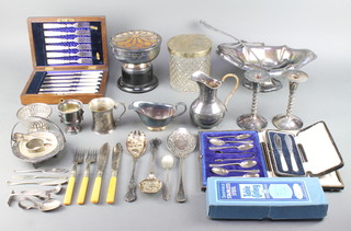 A silver plated biscuit box with moulded glass body and minor plated items