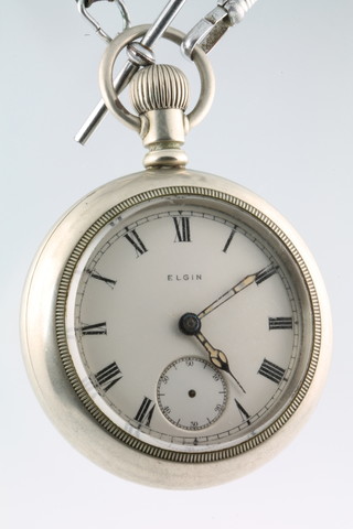 A military issue chromium cased Elgin pocket watch, the back with crows foot mark, no.77440 R 
