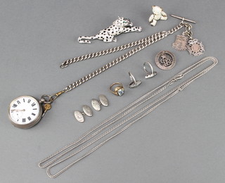 A gentleman's silver cased key wind pocket watch with seconds at 6 o'clock on a silver Albert with fobs and minor silver jewellery