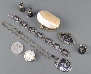 A Thai silver and enamelled bracelet, brooch, earrings and pendant with matching ring and minor items