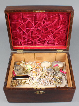 A Victorian mahogany work box containing minor costume jewellery 
