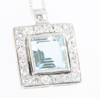 An aquamarine and diamond surround square shaped pendant on an 18ct white gold chain, the aquamarine approx. 2.50ct, the diamonds 1ct