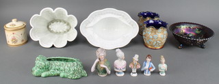 A Sylvac figure of a terrier in the form of a posy vase 7 1/2", 5 pin cushion dolls, a pair of Doulton vases, a Carnival glass dish, a preserve pot and cover together with 2 Victorian jelly moulds 