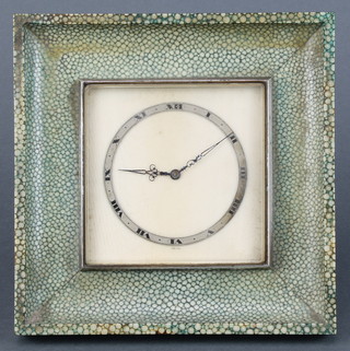 A French Art Deco 8 day bedroom timepiece with 3 1/2" square ivory dial and shagreen case 7" x 6 1/2" 