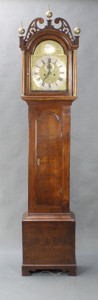 George Morris of Snaffham, an 18th Century 8 day striking longcase clock, the 12" arched gilt dial with silvered chapter ring, minute indicator and calendar dial contained in an oak case 89"h 
