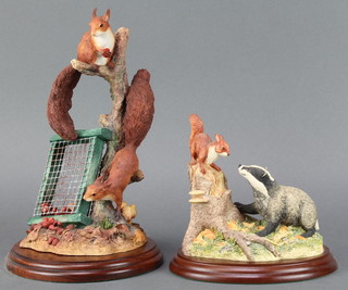 A Border Fine Arts group - Autumn Reds BO779 by Richard Ayres 2002-2003 9", do. badger and squirrel BO25 by D Walton 1997 5 1/2"