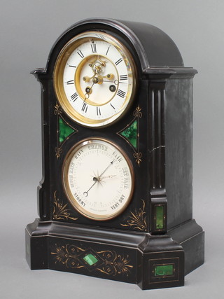 A Victorian French 8 day striking mantel clock with visible escapement contained in a 2 colour marble arch shaped case, the base fitted a barometer 