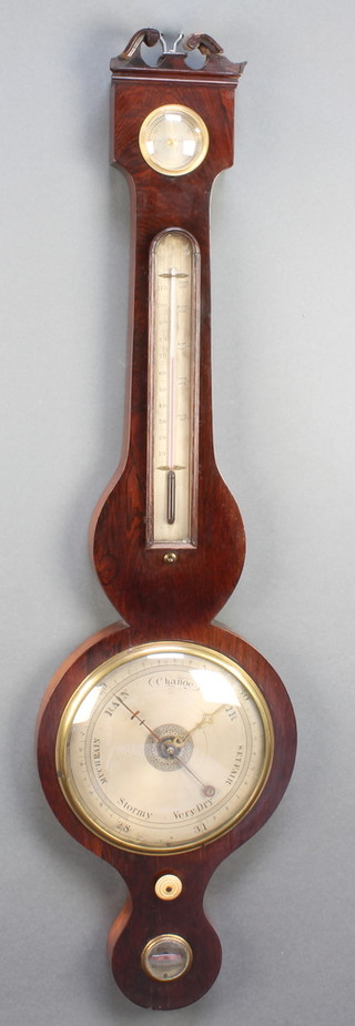 A 19th Century mercury wheel barometer and thermometer contained in a mahogany case with damp/dry indicator, silvered dial and spirit level
