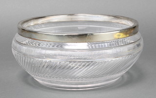 A cut glass fruit bowl with plated lip 9" 