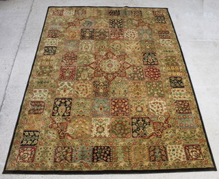 A machine made black and brown ground Persian style carpet with central medallion made up of numerous rectangular panels 130" x 93" 
