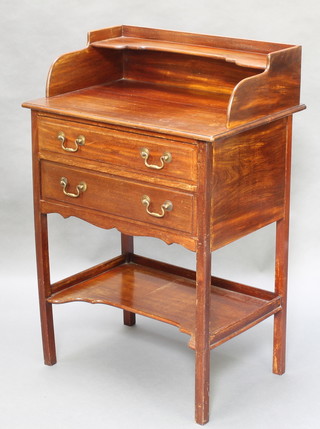 An Edwardian mahogany wash stand with raised back and three-quarter gallery, fitted 2 long drawers with brass swan neck handles above undertier 38" x 26" x 18" 