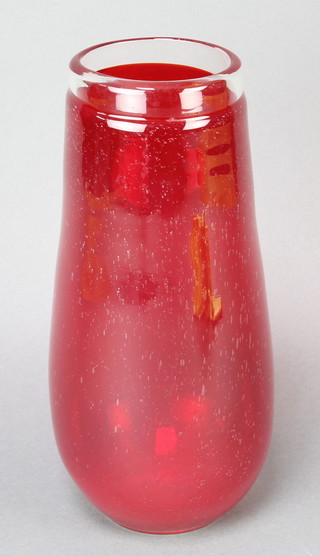 A Whitefriars ruby red vase with bubble decoration and clear rim 11" 