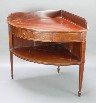 A 19th Century inlaid mahogany corner stand with raised back, fitted a drawer above a recess, raised on 3 square tapered supports spade feet  42 1/2"h x 35"w x 35"d 