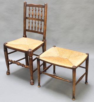 A spindle back chair with woven rush seat together with a rectangular elm stool with woven rush seat 