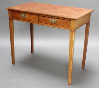 A 19th Century mahogany side table fitted 2 short drawers with brass drop handles, raised on square supports 29"h x 34"w x 19"d 