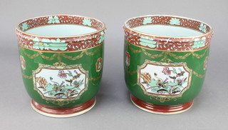 A pair of Victorian style jardinieres decorated with panels of figures and flowers 6 1/2" 