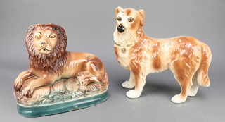 A Victorian china figure of a dog with glass eyes 11 1/2", a ditto of a lion with painted eyes 
