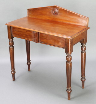 A Victorian mahogany hall table with raised back, fitted a drawer and raised on turned supports 36"h x 35"w x 16"d 