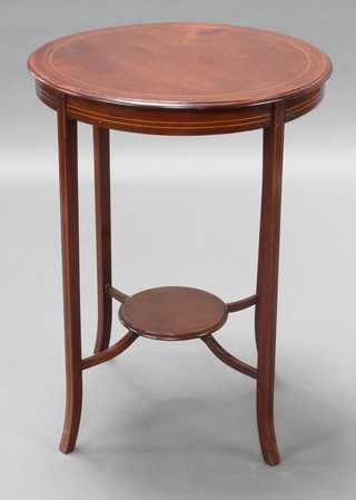 A circular Edwardian inlaid mahogany 2 tier occasional table raised on out swept supports with undertier 38"h x 21" diam. 
