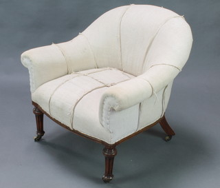 A Victorian mahogany tub back chair upholstered in "cheese cloth" style material