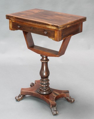 A William IV mahogany games/work table, the top inlaid a chessboard fitted a drawer raised on a turned column and triform base 29"h x 20"w x 14"