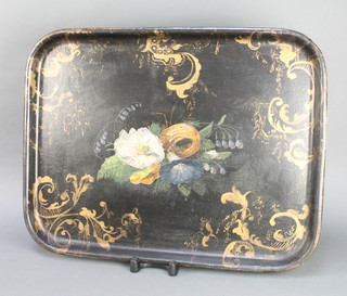 A floral patterned papier mache tray, the reverse marked SEA 6206 1"h x 24 1/2"w x 19"d complete with stand