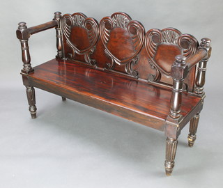A William IV mahogany triple chair back snooker observation/hall bench, raised on turned and reeded supports (made up) 36"h x 53"w x 17"d 