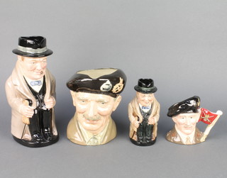 A Royal Doulton Winston Churchill character jug 9", a ditto 5 1/2", 1 other of Monty with A mark 6" and a smaller ditto Viscount Montgomery of Alamein D6850 4"  